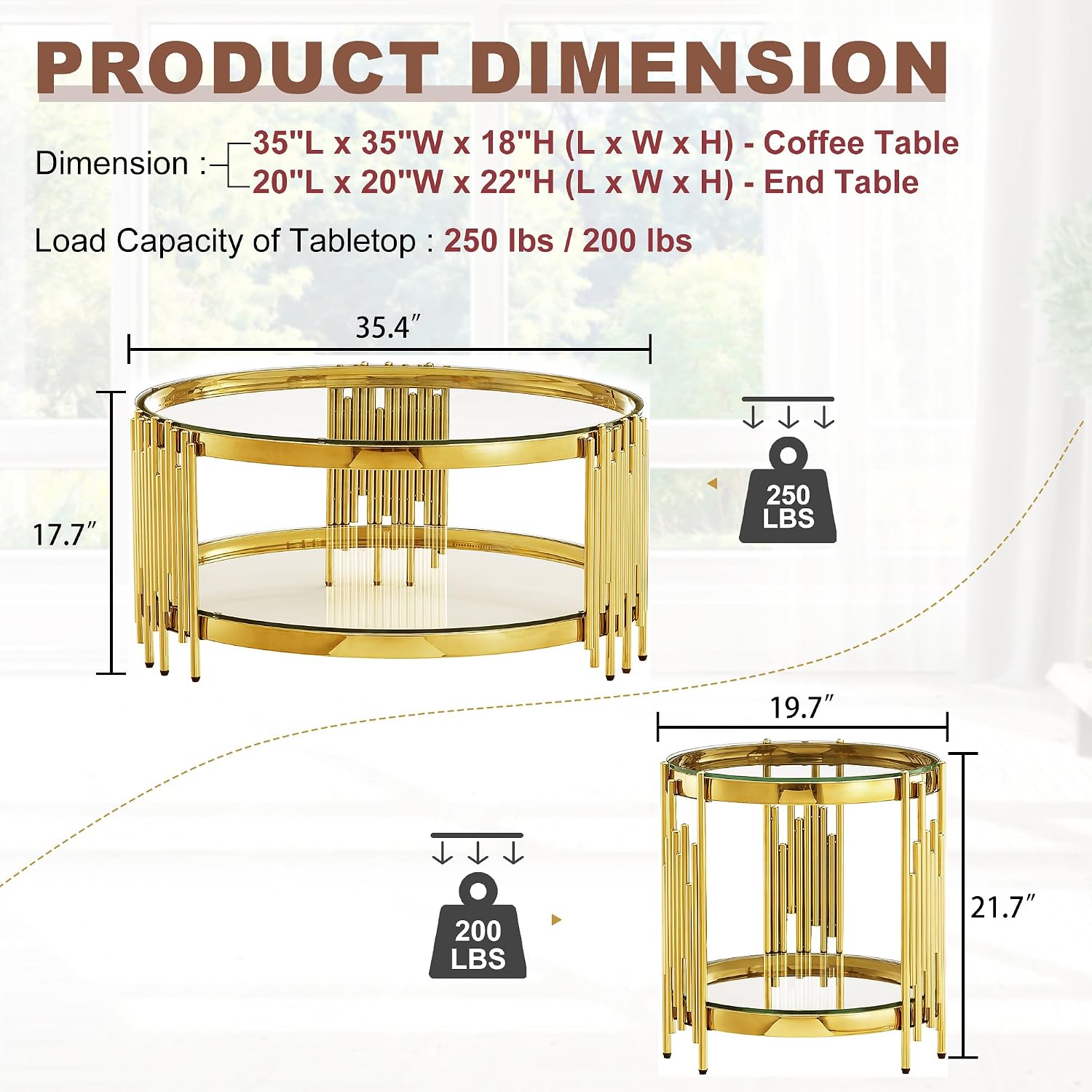 3 Piece Living Room Table Set with 1 Glass Coffee Table and 2 End Tables, 2 Tier Glass Coffee Table Set of 3 with Round Stainless Steel Legs and Tempered Glass Top, Gold/Clear