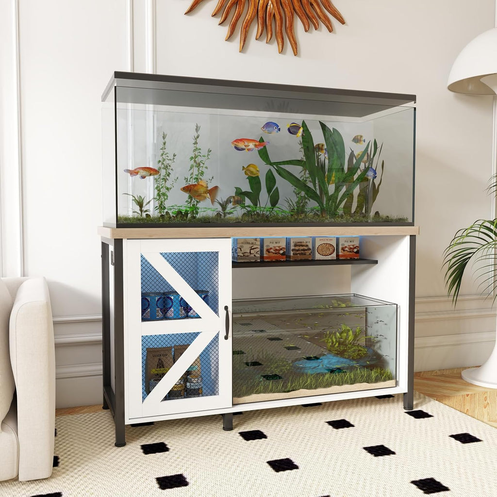 OC Orange-Casual 55-75 Gallon Aquarium Stand with LED Lighting & Power Outlets - Heavy Duty Metal Fish Tank Cabinet with Adjustable Shelves, 1000LB Capacity (White)