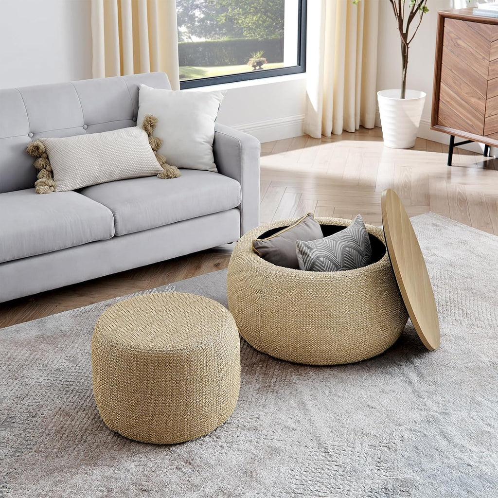 Round Ottoman with Storage Set, 25' +18' Circle Coffee Table Upholstered Nesting Modern End Table Footstool with Removable Wood Tray Woven Rattan for Living Room No Assembly, Natual