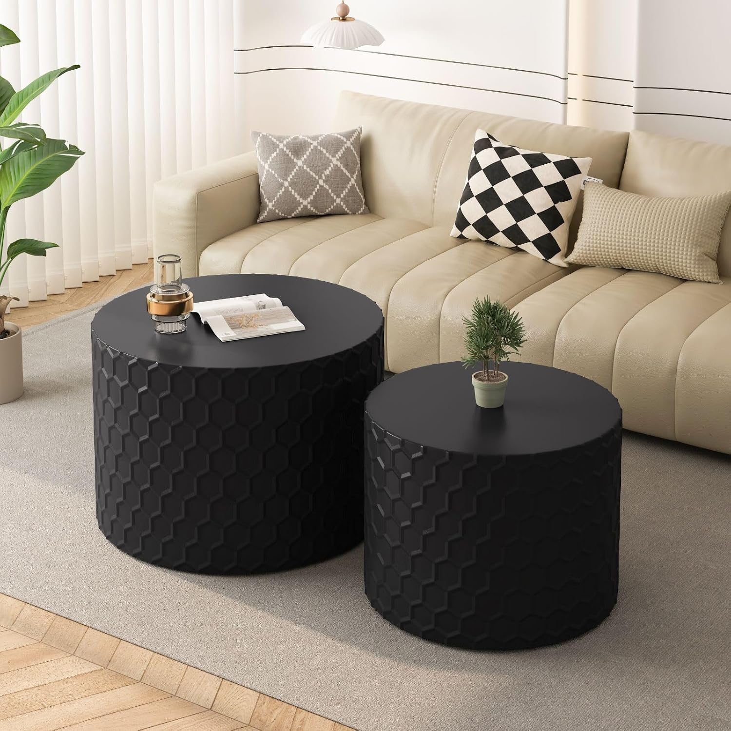 KEVINSPACE Nesting Coffee Table Set of 2, 23.6' Round Coffee Table Wood Grain Top with Non-Slip Feet, Industrial Modern End Table Side Tables for Living Room Bedroom Balcony Yard Black
