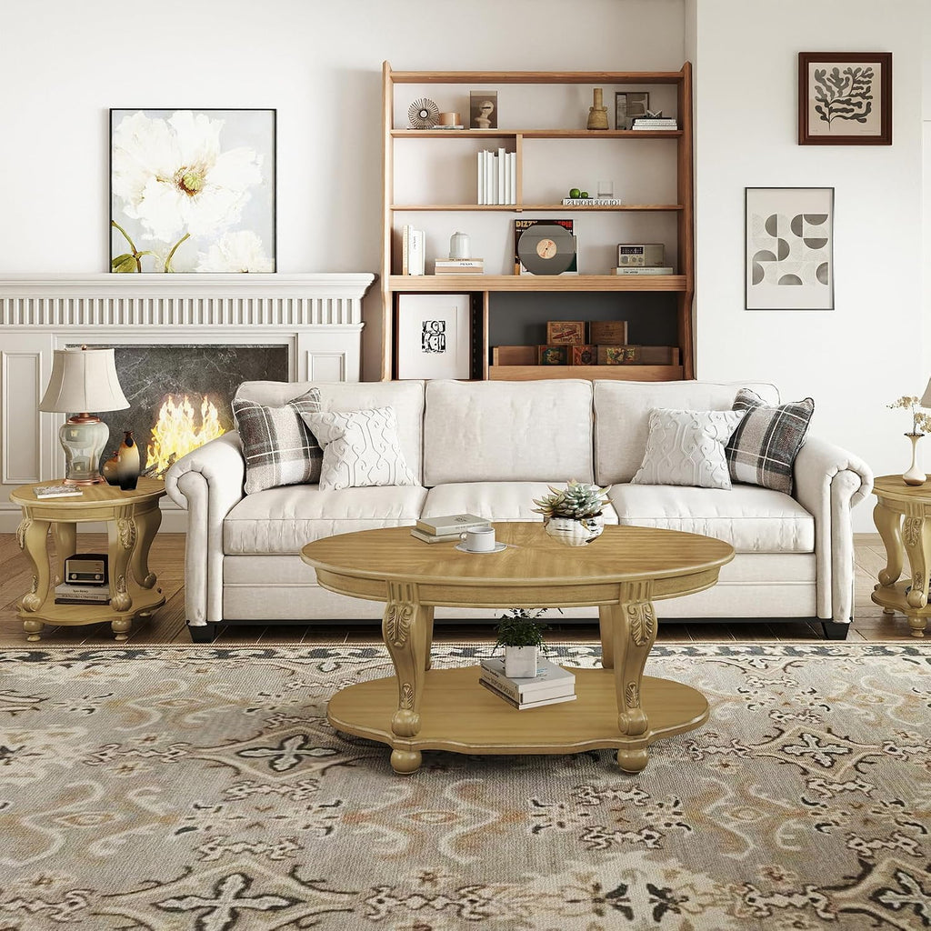LKTART 3-Piece Coffee Table Set, Coffee Table and Round End Tables Set of 2, Victorian Living Room Coffee Table Sets, Antique Natural