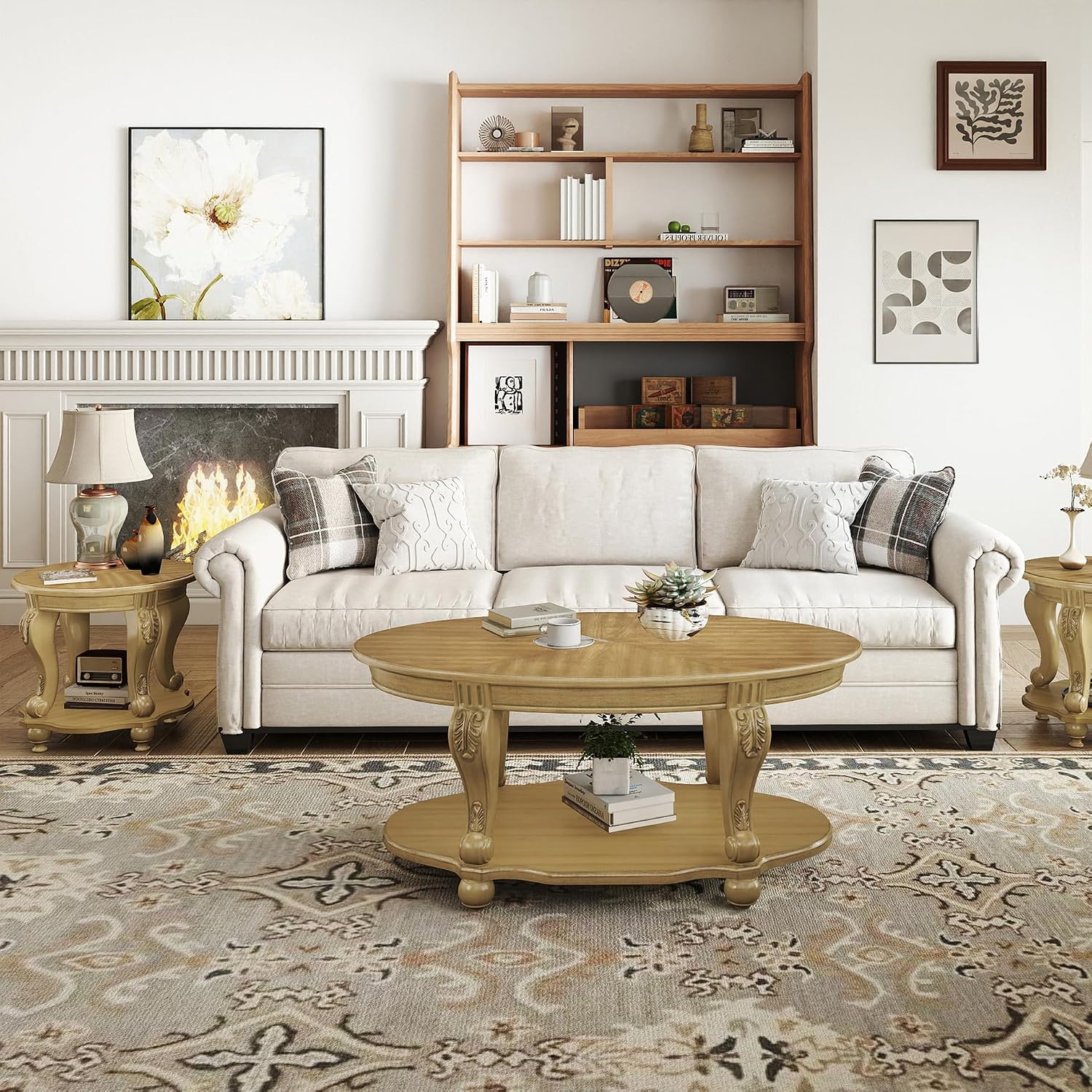 LKTART 3-Piece Coffee Table Set, Coffee Table and Round End Tables Set of 2, Victorian Living Room Coffee Table Sets, Antique Natural