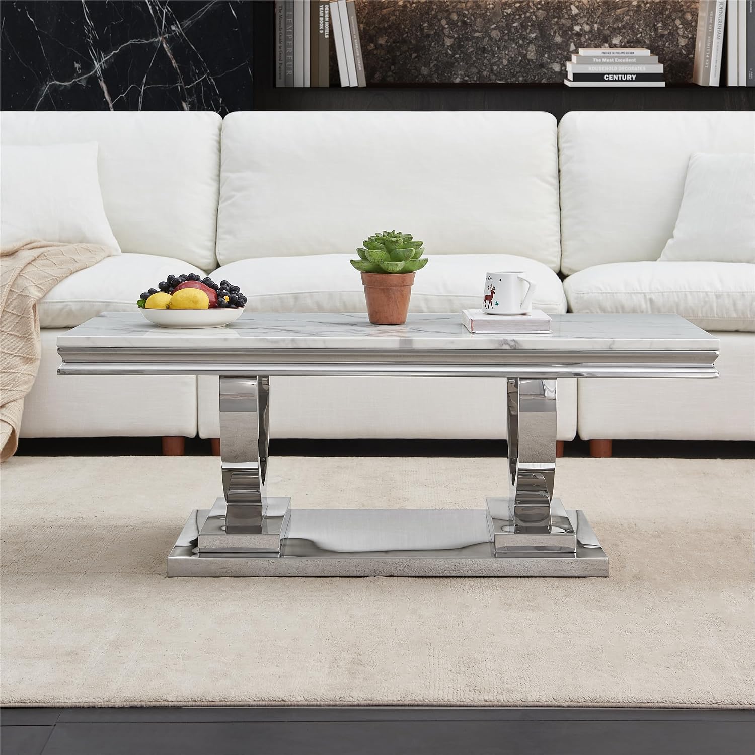 Marble Coffee Table, 47' White Faux Marble Rectangular Cocktail Table with Mirrored Finish Double O-Shape Stainless Steel Base, Central Cocktail Tea Tables for Living Room Office, Silver