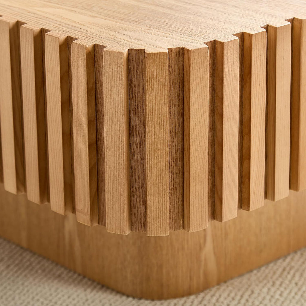WILLIAMSPACE 31.5' Square Coffee Table with Sturdy Base, Modern Luxury Wood Drum Center Table Accent End Side Table for Living Room, Minimalist Fluted Design, Oak
