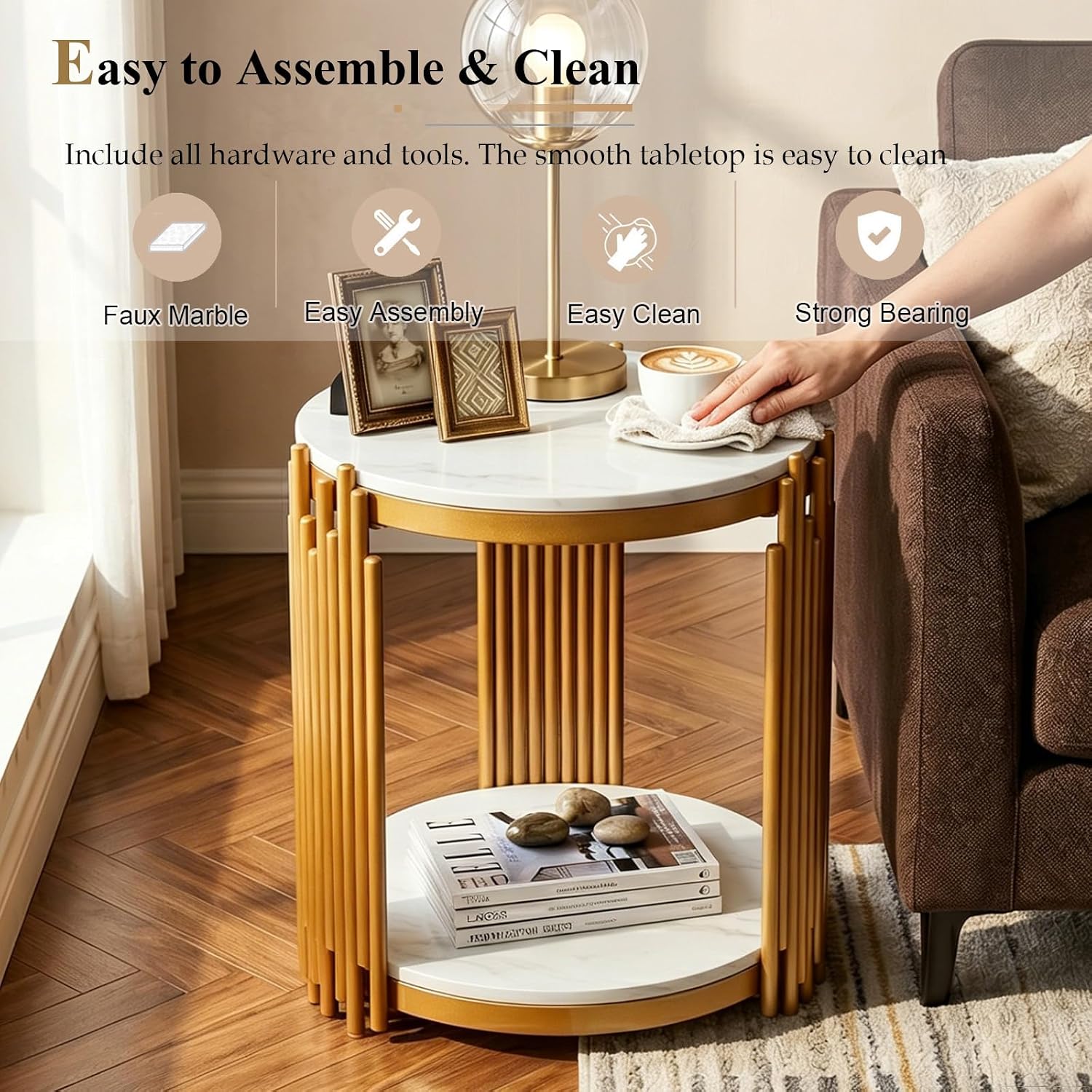 Round Marble Coffee Table Set of 3, Modern White Faux Marble Coffee and End Tables Set with Gold Metal Frame, 3 Piece Living Room Table Set with 1 Coffee Table & 2 Side Table