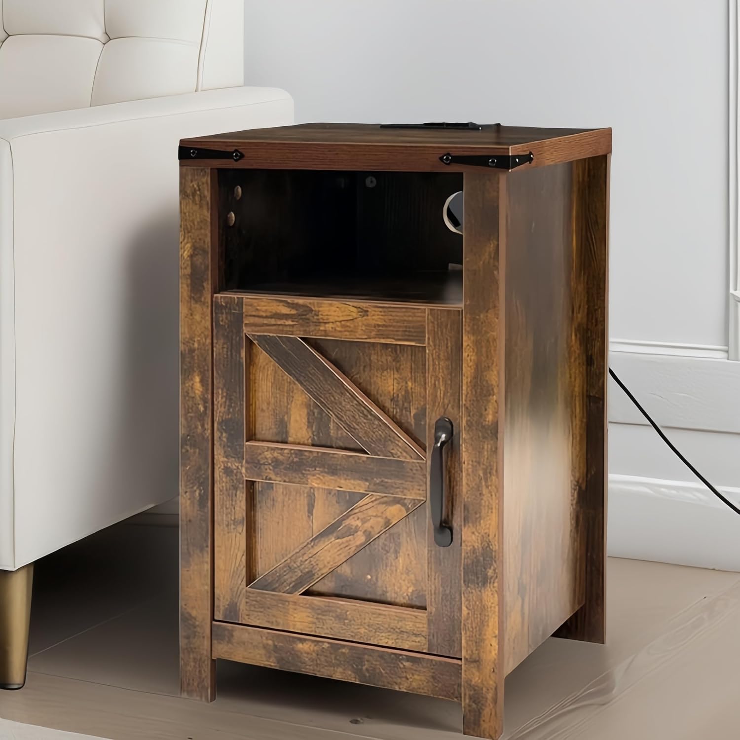 Farmhouse Living Room Table Set of 3, 2 Rustic End Table with Charging Station and 1 Sofa Table with Large Hidden Storage, Farmhouse Sofa Table Set for Living Room, Office, Blue