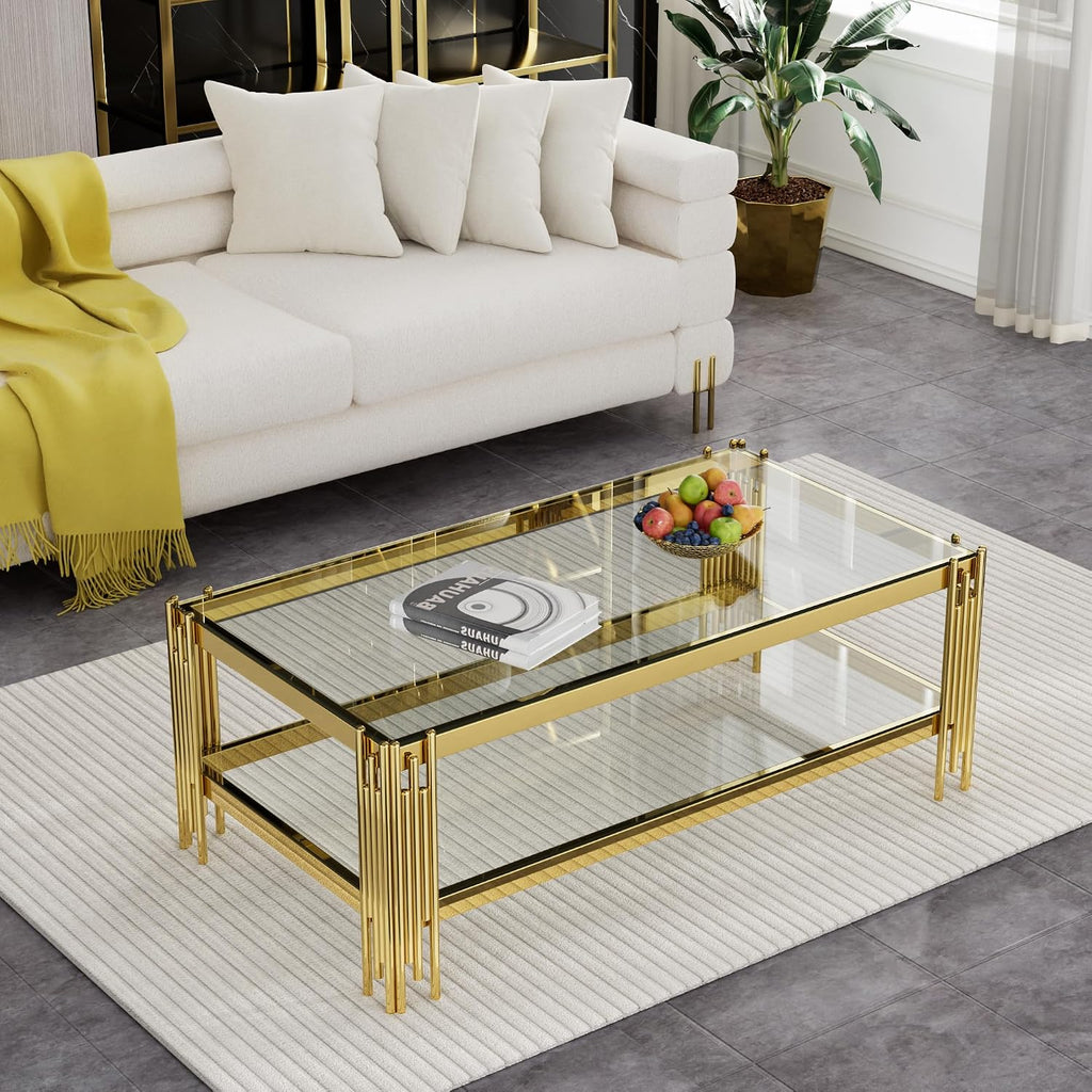 SSLine 3-Piece Living Room Table Set, Modern Clear Glass Coffee Table with 2 End Table, Luxury Rectangle 2-Tier Storage Coffee Table Set with Gold Stainless Steel Frame for Living Room