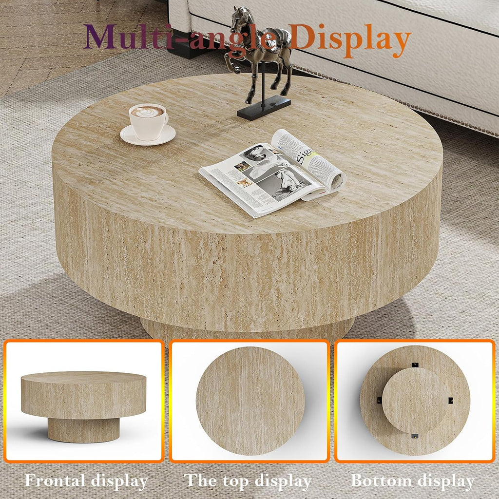 Round Travertine Coffee Table, with Large Tabletop & Base, Mid Century Rustic Circle Wood Center Table for Living Room Farmhouse Apartment, Easy Assembly (B)