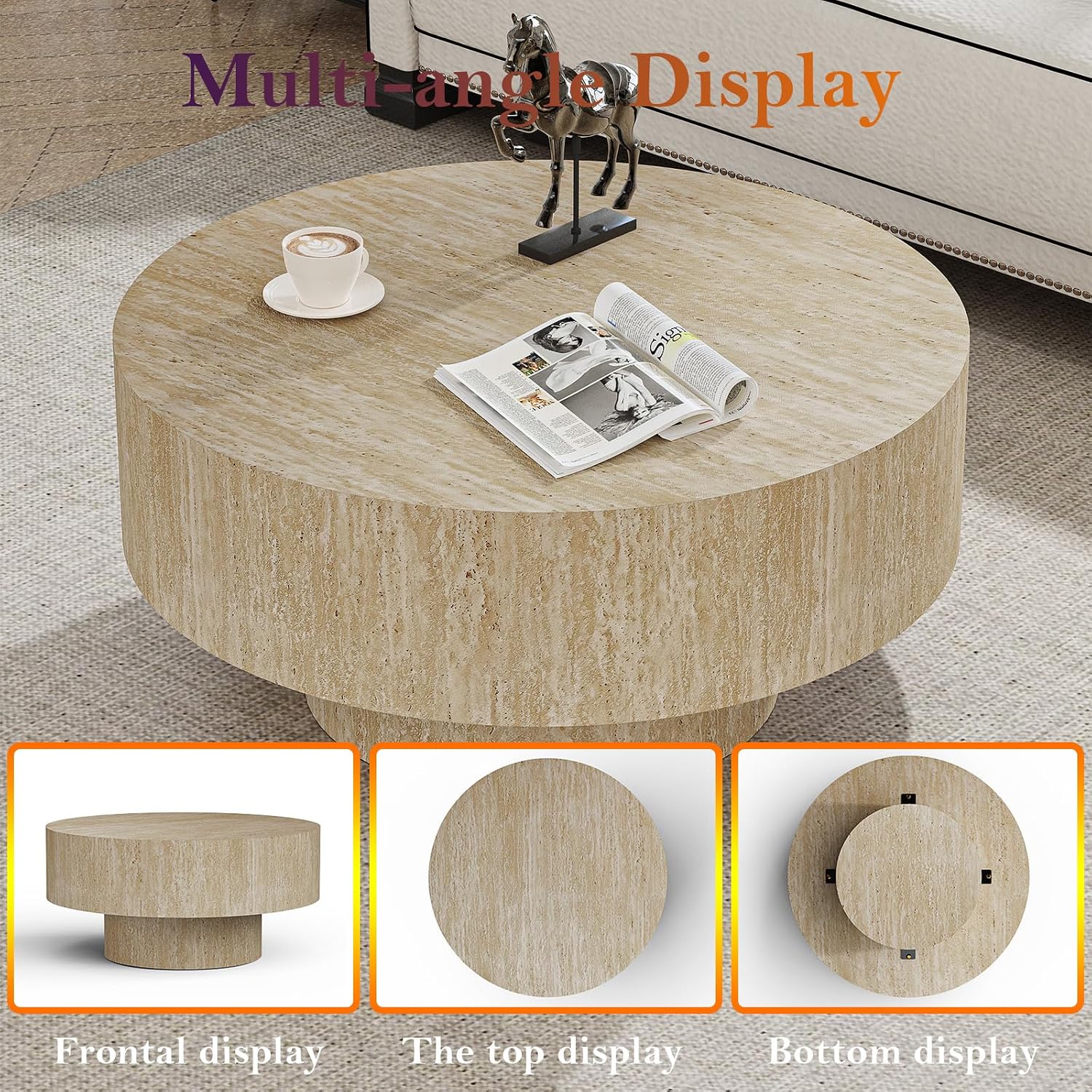 Round Travertine Coffee Table, with Large Tabletop & Base, Mid Century Rustic Circle Wood Center Table for Living Room Farmhouse Apartment, Easy Assembly (B)