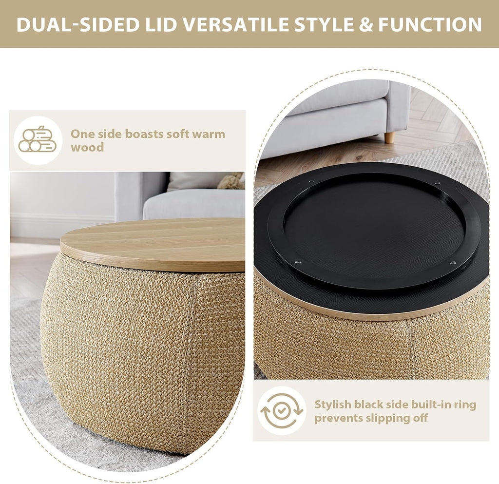 Round Ottoman with Storage Set, 25' +18' Circle Coffee Table Upholstered Nesting Modern End Table Footstool with Removable Wood Tray Woven Rattan for Living Room No Assembly, Natual