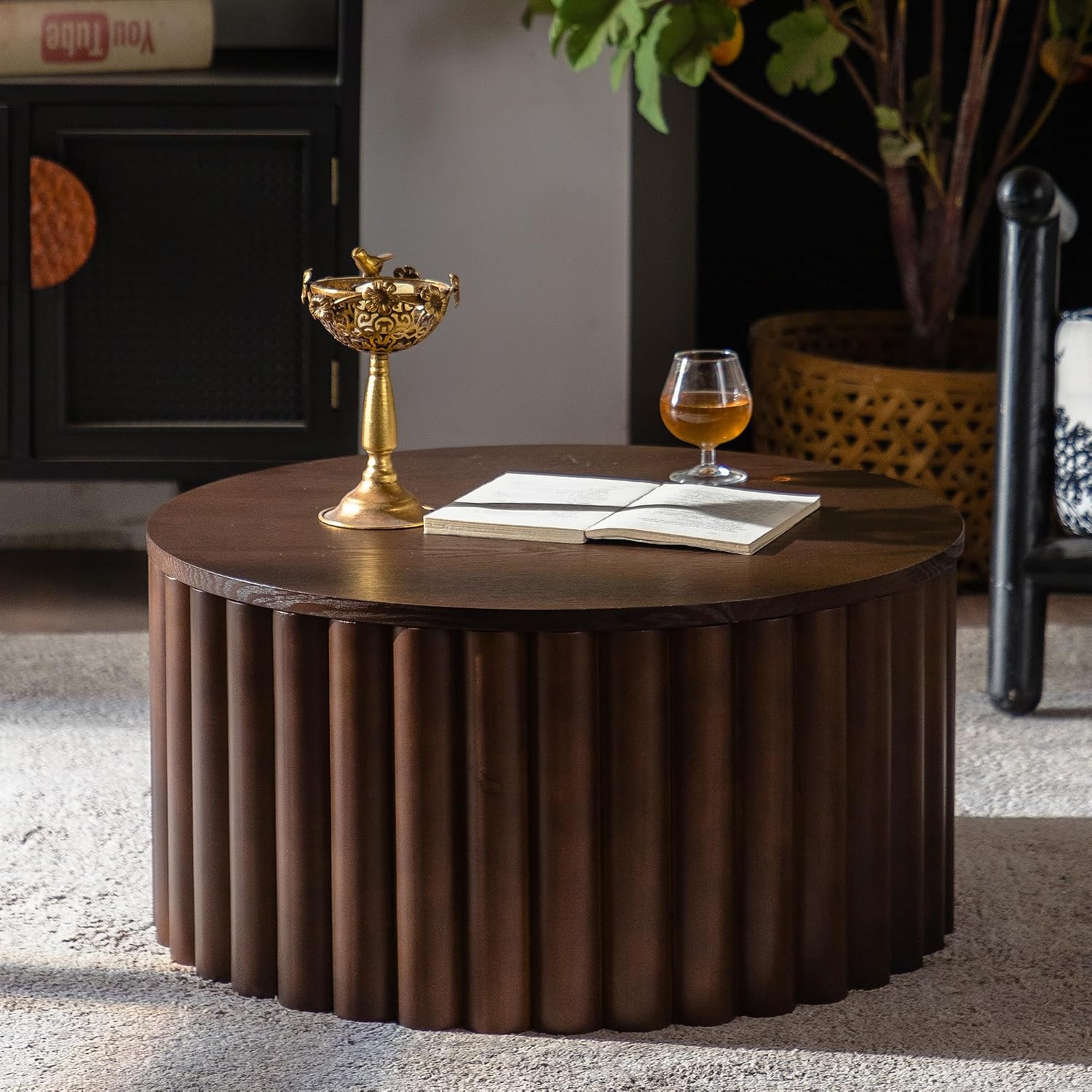 WILLIAMSPACE 27.56' Round Lift-Top Coffee Table with Hidden Storage & Sturdy Pedestal, Modern Wooden Center Accent End Tea Table, No Need Assemble, Walnut
