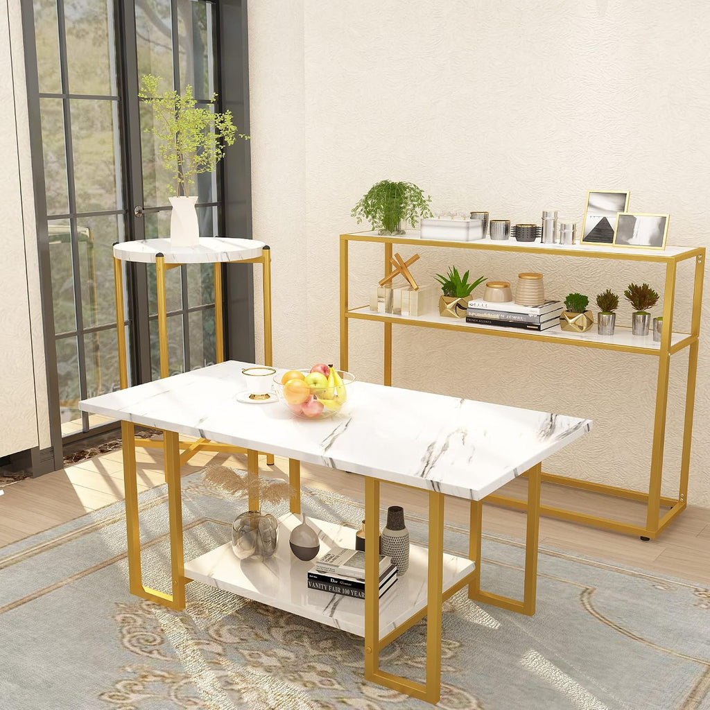 Lamerge 3pcs Living Room Table Set, Faux Marble Coffee Table with Round End Side＆Console Table, Modern White Coffee Table Set with Gold Metal Frame for Home Living Room Office Entryway, Round End