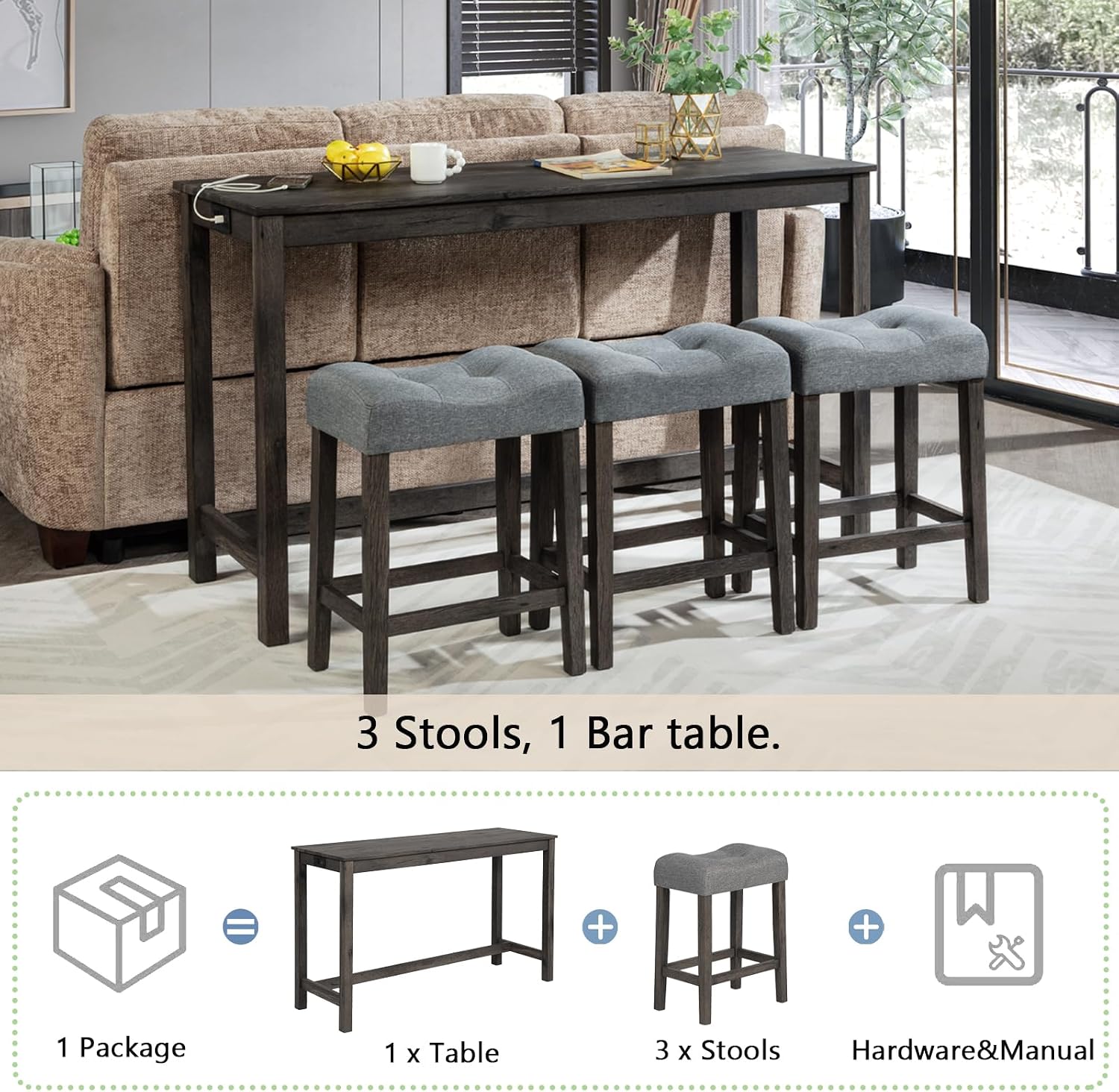 Merax 4 Piece Dining Bar Table Set with Power Outlet,Behind Sofa Couch Table with 3 Linen Fabric Padded Saddle Seat Stools,for Living Room,Dining Room,Dark Gray