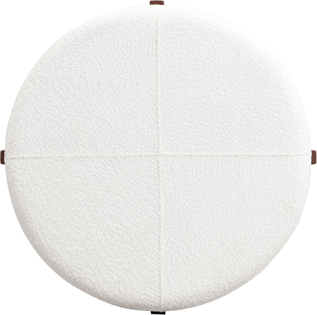 Christopher Knight Home Holmes Modern Boulce Upholstered Ottoman Coffee Table, Wooden Round Cocktail Ottoman, Large Living Room Sofa Footstool/Footrest, White+Walnut