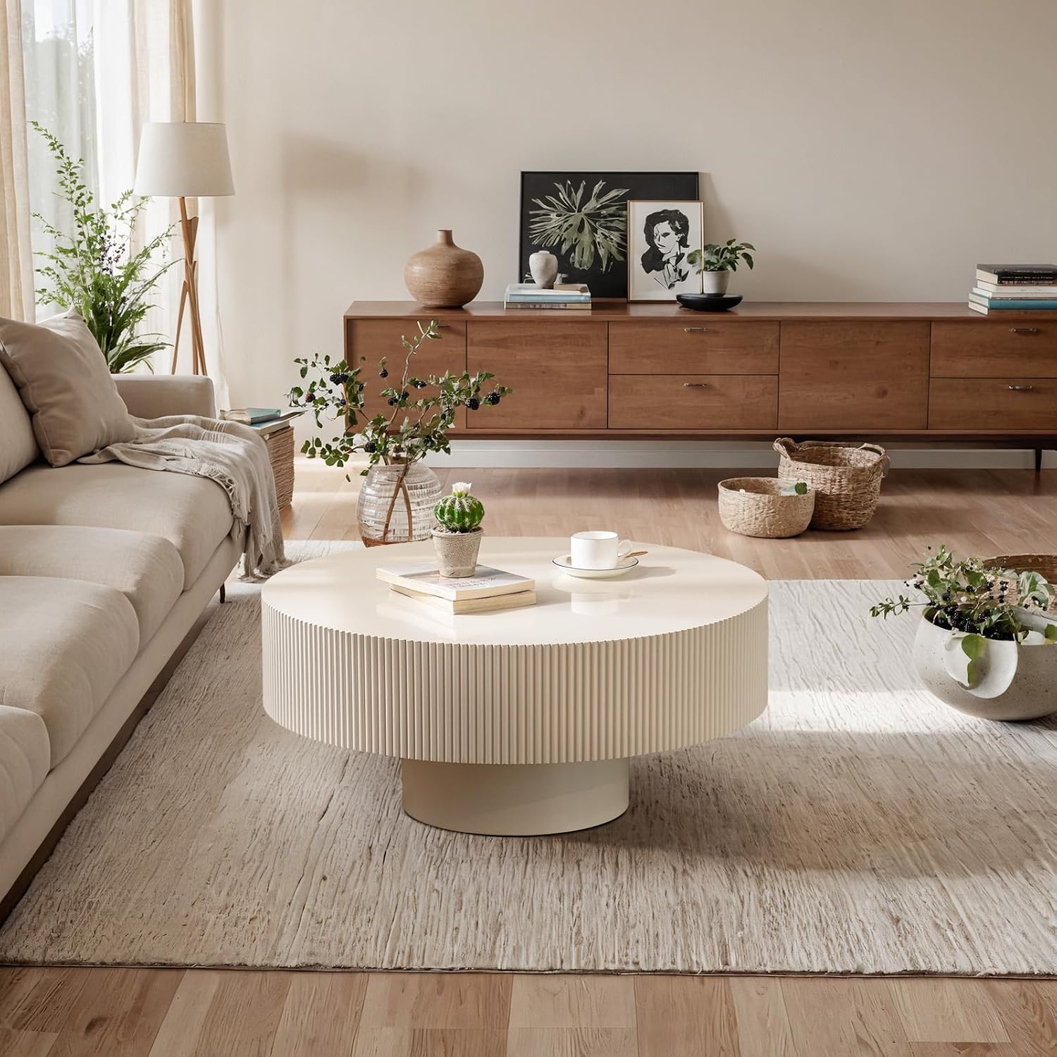 Modern Drum Fluted Round Coffee Table for Living Room, Unique Accent Fluted Drum Coffee Table, Contemporary Minimalist Low Circle Tea Tables for Farmhouse Apartment (B)