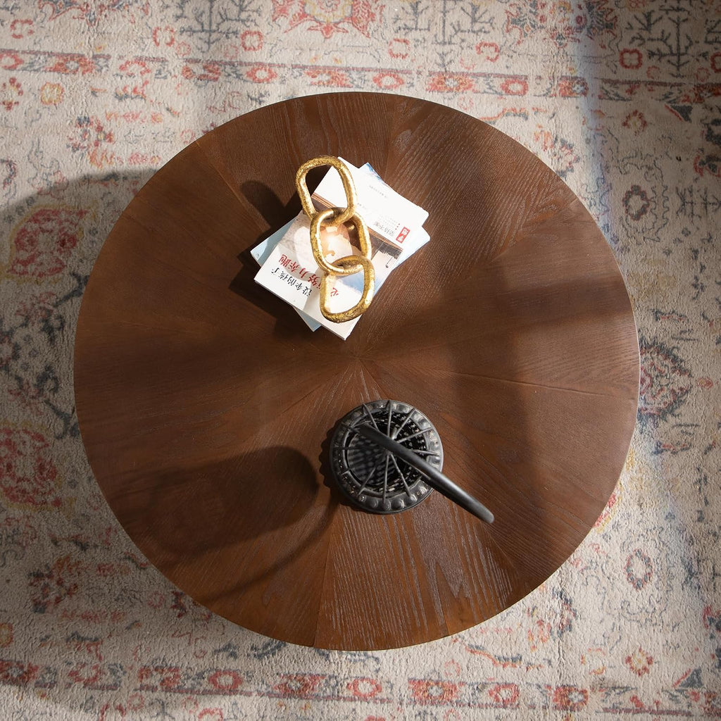 30.31'' Handcrafted Round Coffee Table for Living Room, Modern Mid-Century Circle Drum Wood Coffee Table, Easy Assembly, Black & Walnut