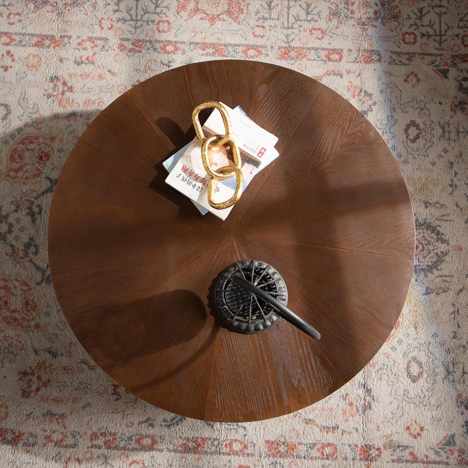 30.31'' Handcrafted Round Coffee Table for Living Room, Modern Mid-Century Circle Drum Wood Coffee Table, Easy Assembly, Black & Walnut