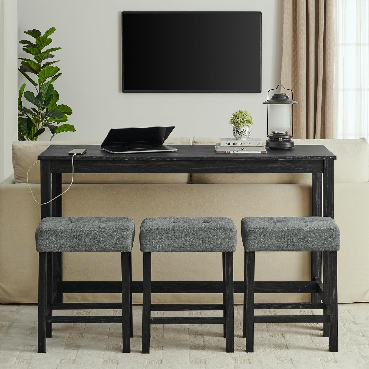 Merax 59' Bar Table Set with Power Outlet,Industrial Breakfast Table with 3 Upholstered Stools w/Footrest,4 Piece Counter Height Bar Table and Chair Set for Living Room,Dining Room,Kitchen,Black
