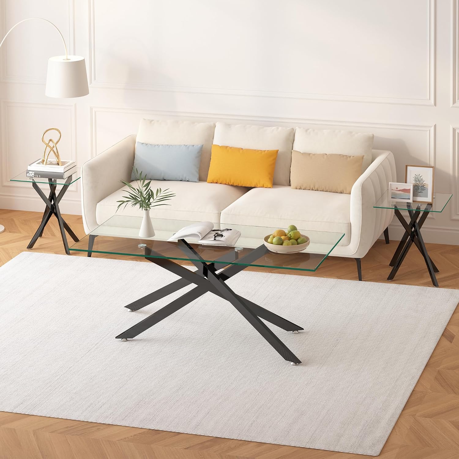 Glass Coffee Table Set of 3 Piece, Living Room Tables Set of 3 Pcs, Including 1 Coffee Table and 2 End Side Tables, Metal Frame, Tempered Glass, for Small Space, Apartment (Black, W39.37' + W17.72')