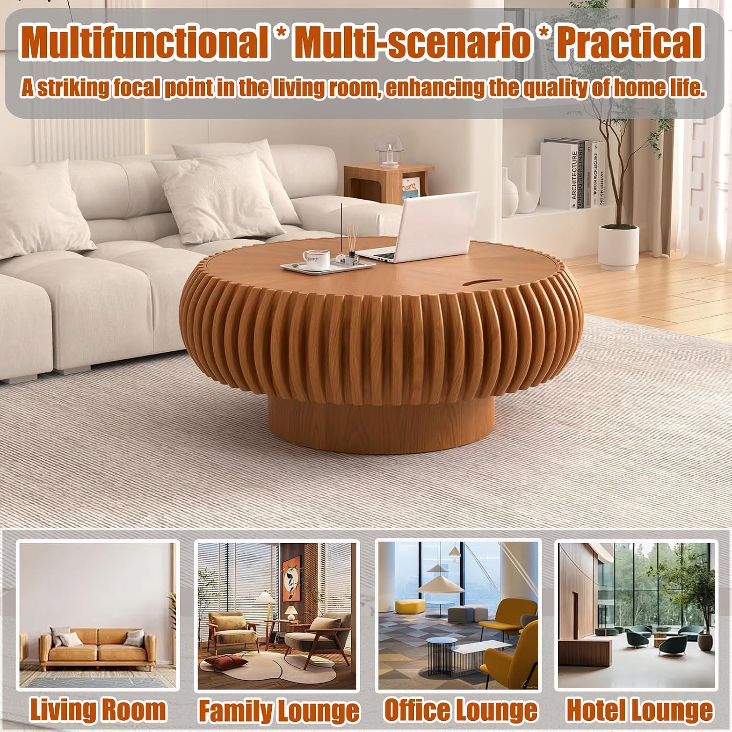 31.5' Round Drum Coffee Table with Hidden Storage, Modern Fluted Coffee Tables with Solid Wood Veneer, Wooden Circle Center Table for Living Room, Small Spaces, and Apartments, Easy Assembly