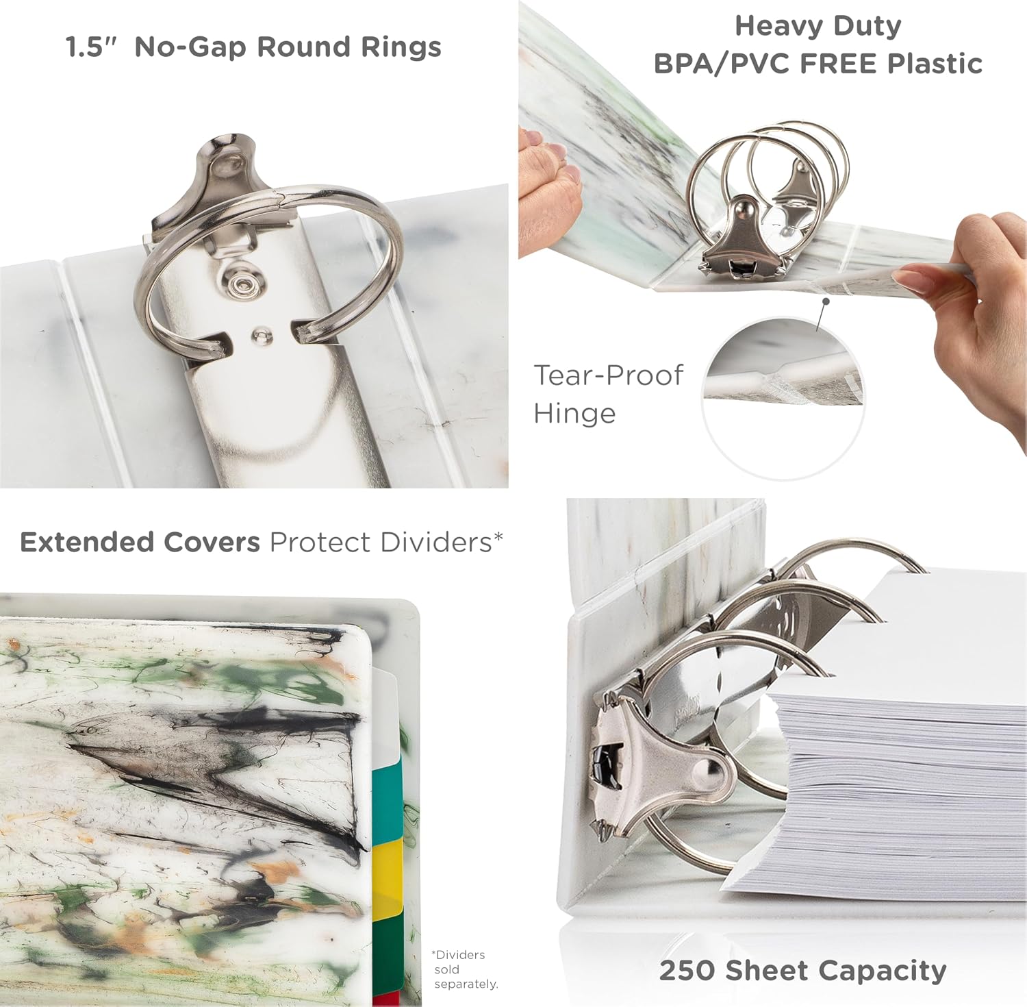 Carstens Limited Edition 1.5-Inch Green Marble Heavy Duty 3-Ring Binder – Side Opening, Waterproof, Durable Plastic, No-Gap Rings, Holds 250 Sheets, BPA-Free, Made in USA (2053-3R), Case of 20