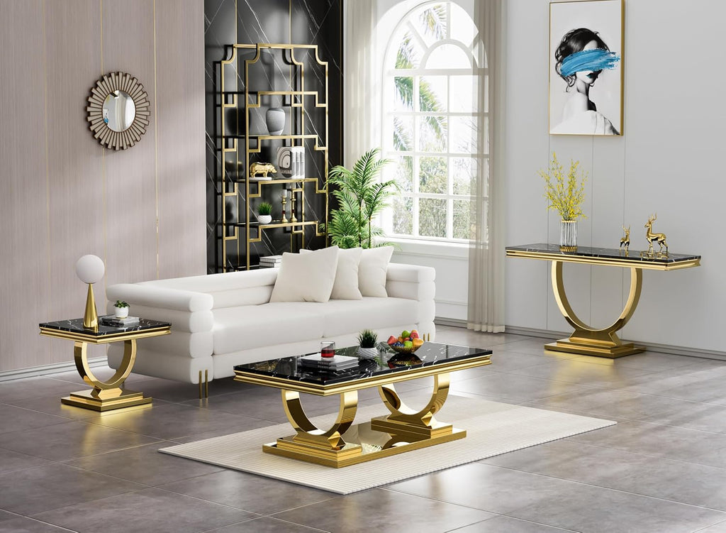 Henf 3 Piece Living Room Table Set, Faux Marble Coffee Table & Console Table & End Table, Luxury Black Gold Coffee Table Set of 3 with Mirrored Stainless Steel Base for Living Room Apartment