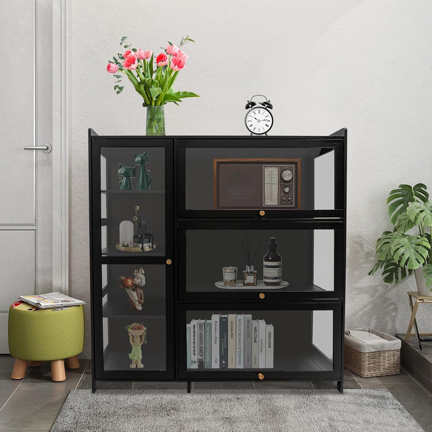 Display Cabinet with Acrylic Doors, 7 Storage Spaces Storage Cabinet & Curio Cabinet with Clear Acrylic Doors, Modern Black Bamboo & Composite Wood for Collectibles, Kitchen, Living Room