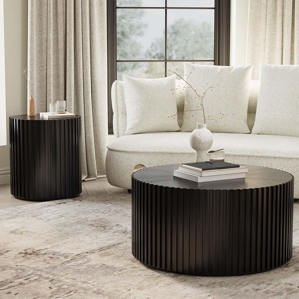 POVISON Round Coffee Side Table, Mid Century Wood End Table, Fluted Side Table for Living Room Bedroom Office, 20.08', Black