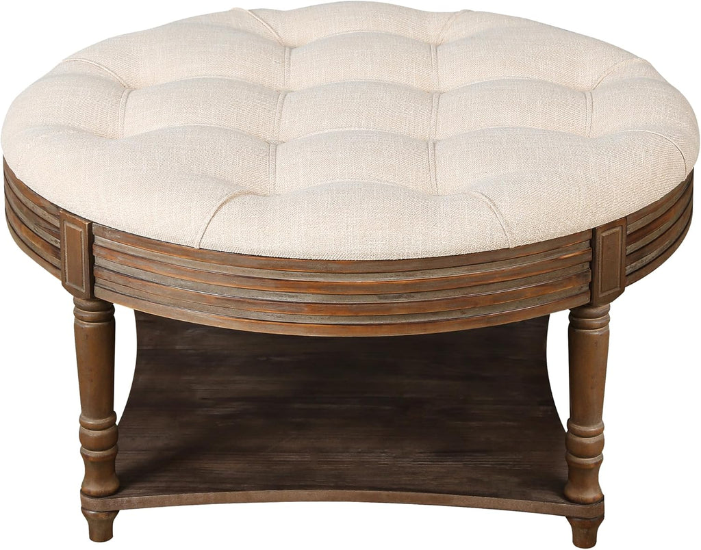 31.49'' Round Coffee Table with Storage Space, 2-Tier Modern Wood Circle Coffee Table for Living Room, Moveable Table Top & Easy Assembly & Waterproof Upholstered Linen, Beige & Wood