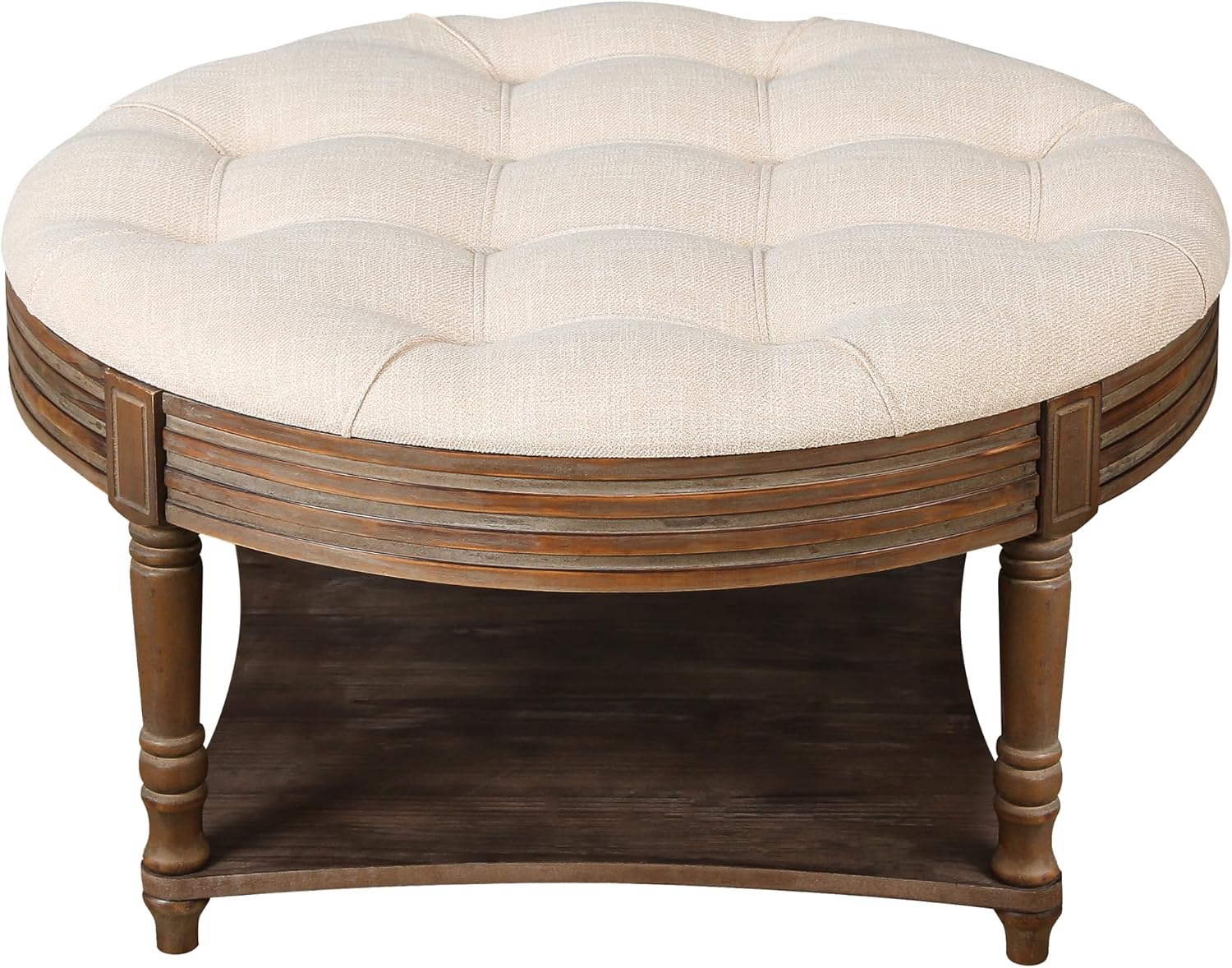 31.49'' Round Coffee Table with Storage Space, 2-Tier Modern Wood Circle Coffee Table for Living Room, Moveable Table Top & Easy Assembly & Waterproof Upholstered Linen, Beige & Wood