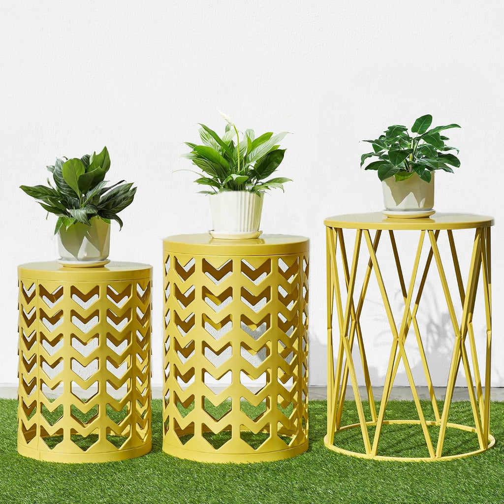 Nesting Side Table Set of 3 Decorative Round Garden Stools for Indoor Outdoor Heavy Duty Metal Frame Side Table Nightstands Modern End Table Plant Stand, Yellow