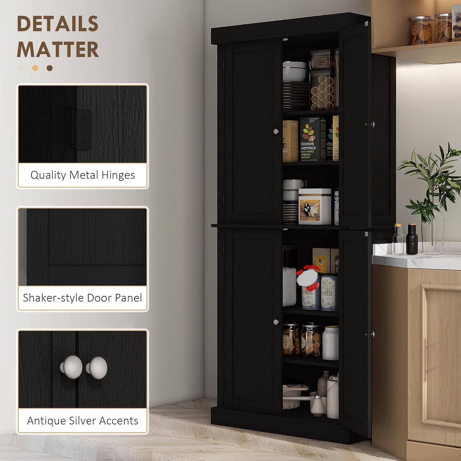 HOMCOM 72.5' Tall Kitchen Pantry Cabinet, Freestanding Modern Farmhouse Kitchen Storage Cabinet with 4 Doors and 2 Adjustable Shelves for Dining Room, Black Wood Grain