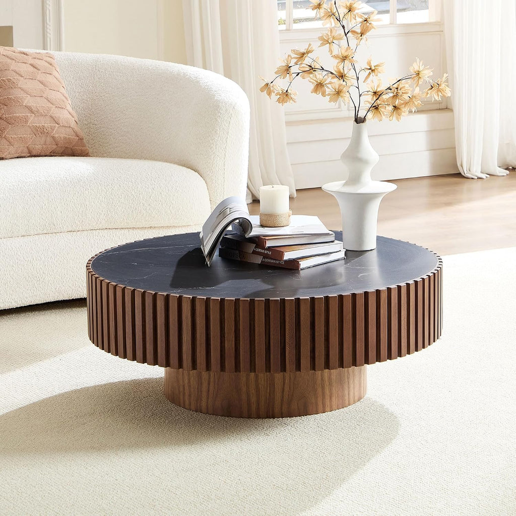 WILLIAMSPACE 35.43' Round Coffee Table with Sintered Stone Tabletop, Modern Farmhouse Wood Circle Drum Center Table for Living Room, Accent Side End Table for Apartment, 13.77' H (Walnut+Black)