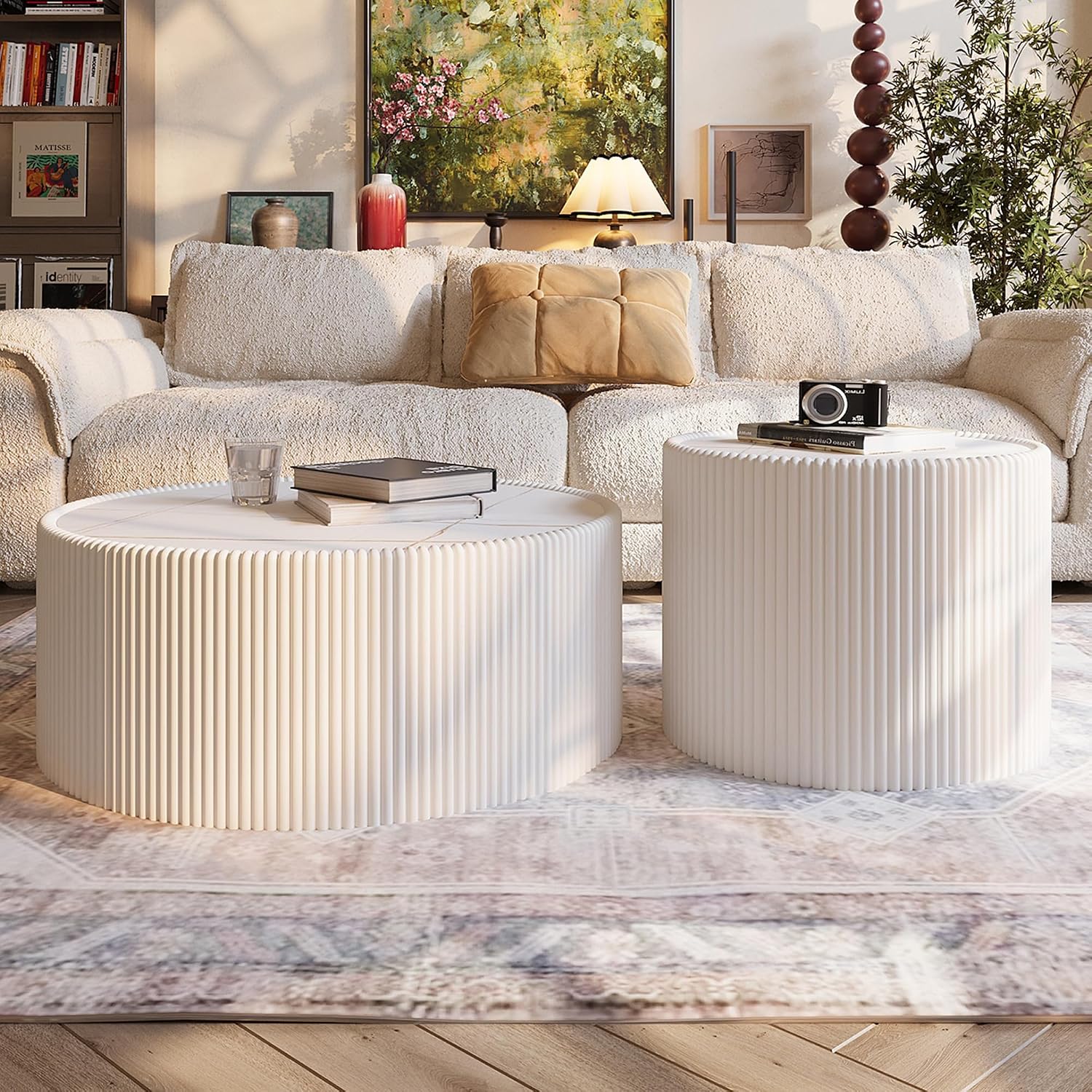 29.5 Inch Gold Pattern Sintered Stone Top & PU Leather Base Cylinder Coffee Table, Modern Drum Shape Side Table, No Assembly White