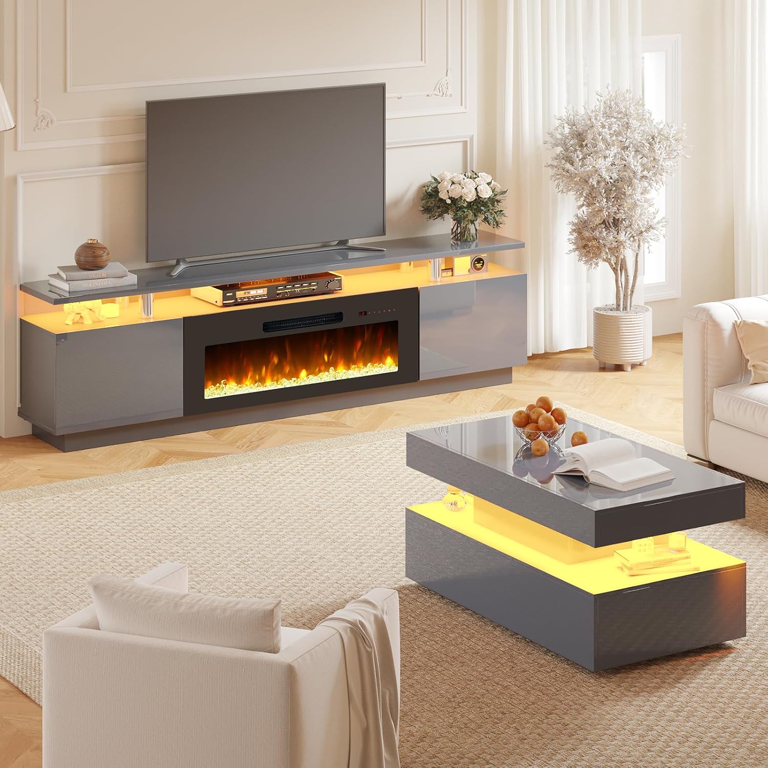 AMERLIFE 3 Piece Modern Living Room Table Set, Includes 80' High Gloss Fireplace TV Stand, 2-Tier Coffee Table, LED Lights Entertainment Center Set for Living Room, Grey