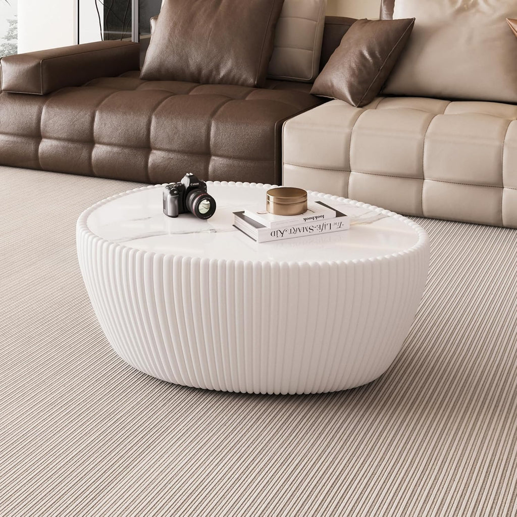 32'' Goose Egg Shaped Coffee Table, White Sintered Stone Top with Unique Pattern & Leather Wrapped, Modern Side Sofa Table, No Assembly