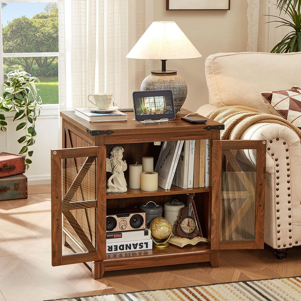Joaxswe Farmhouse End Table,24' Large Sofa Side Table with Charging Station Glass Barn Door,Wood Nightstand with Adjustable Storage Shelf,Square Bedside Table for Living Room,Bedroom,Office-Brown