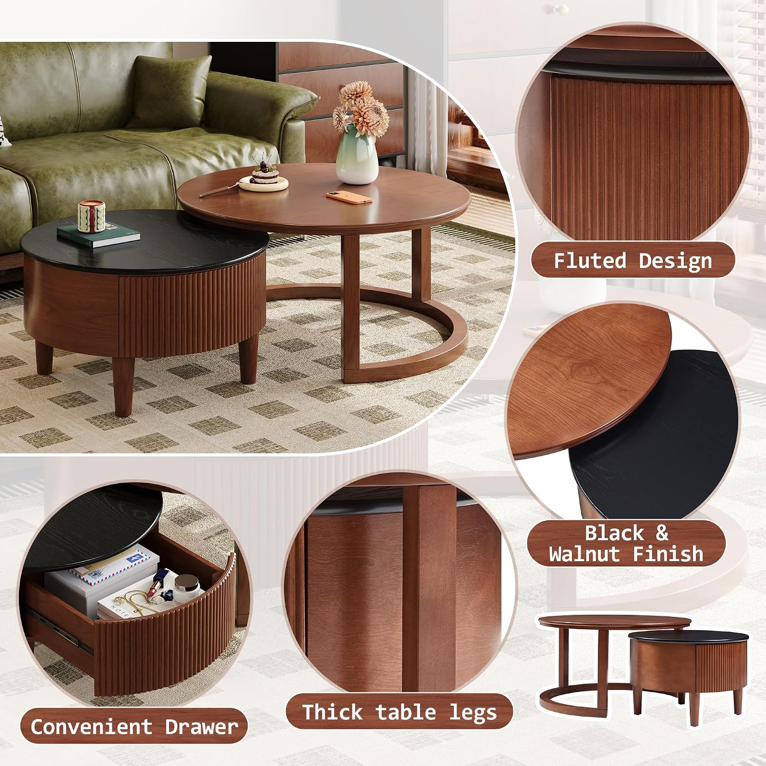31.5' Vintage Round Nesting Coffee Table Fluted with Drawer,Black & Walnut