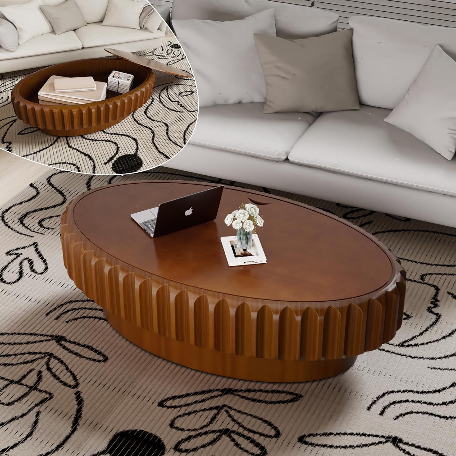 43.3' Oval Drum Coffee Table with Storage Rustic Chic Fluted Center Table - Handcraft Solid Wood Veneer Edge for Living Room Farmhouse (B 43.3in)