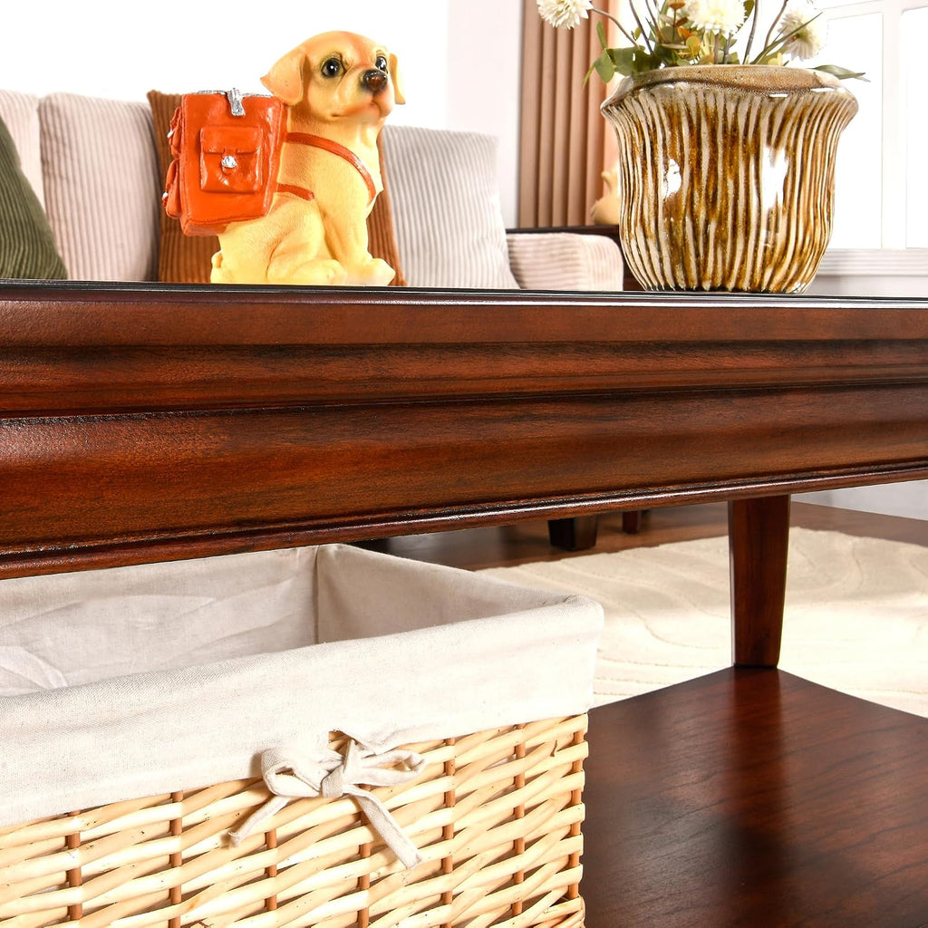 LEEMTORIG Coffee Table Set of 3 for Living Room, 3 Piece Glass Top Coffee Table and End Tables Set, Solid Wood Queen Anne Style 2-Tier Tables with Storage, Cherry Walnut KFZCJZ-A1168-GT