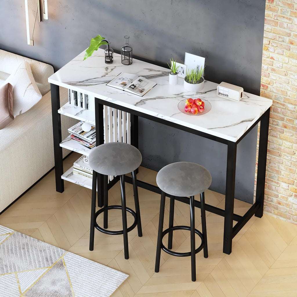 AWQM Bar Table Set with Storage Shelves, 47' Modern White Faux Marble Breakfast Table with 2 Velvet Stools, 3-Piece Dining Set for 2, Space Saving Table for Kitchen/Dining Room/Living Room/Studio