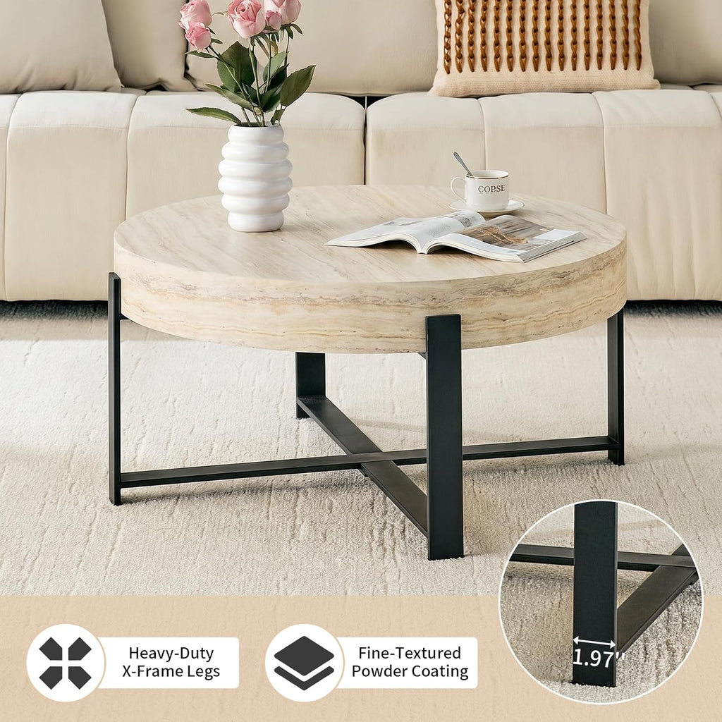 Round Coffee Table, Small Wood Coffee Table with Storage, Modern Wood Circle Table with Metal Frame, Round Accent Center Tables for Living Room Apartment Small Space