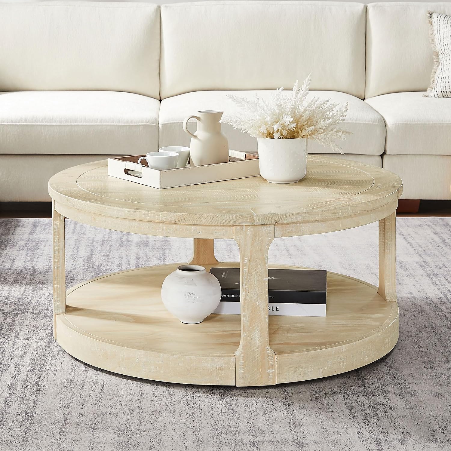40'' Round Wood Coffee Table Circle Coffee Table with 4 Wheel for Living Room, Modern Retro Farmhouse Style, Easy Assembly, Oak/Wood(ø40'' x 17.52'')