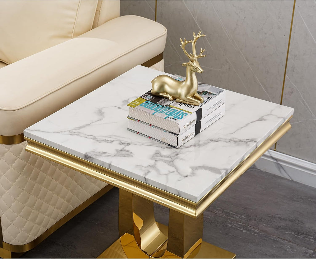 3 Pieces Living Room Table Set, Faux Marble Coffee Table Set of 3, Modern Coffee Table, Console Table and End Table with U-Shaped Stainless Steel Base for Living Room (White Gold)