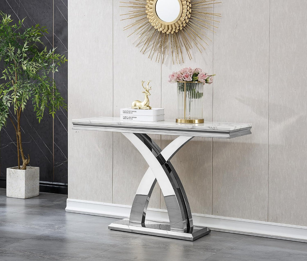 Modern White Silver Console Table, 47' Faux Marble Entryway Table Narrow Long Sofa Table, Luxury Accent Table Rectangle Behind Sofa Entrance Table Foyer Hallway Table for Living Room