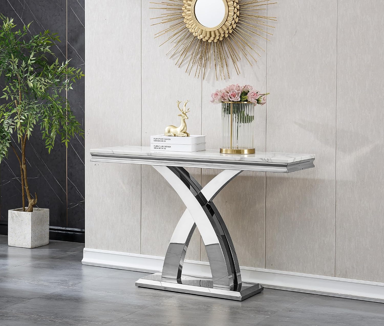 Modern White Silver Console Table, 47' Faux Marble Entryway Table Narrow Long Sofa Table, Luxury Accent Table Rectangle Behind Sofa Entrance Table Foyer Hallway Table for Living Room
