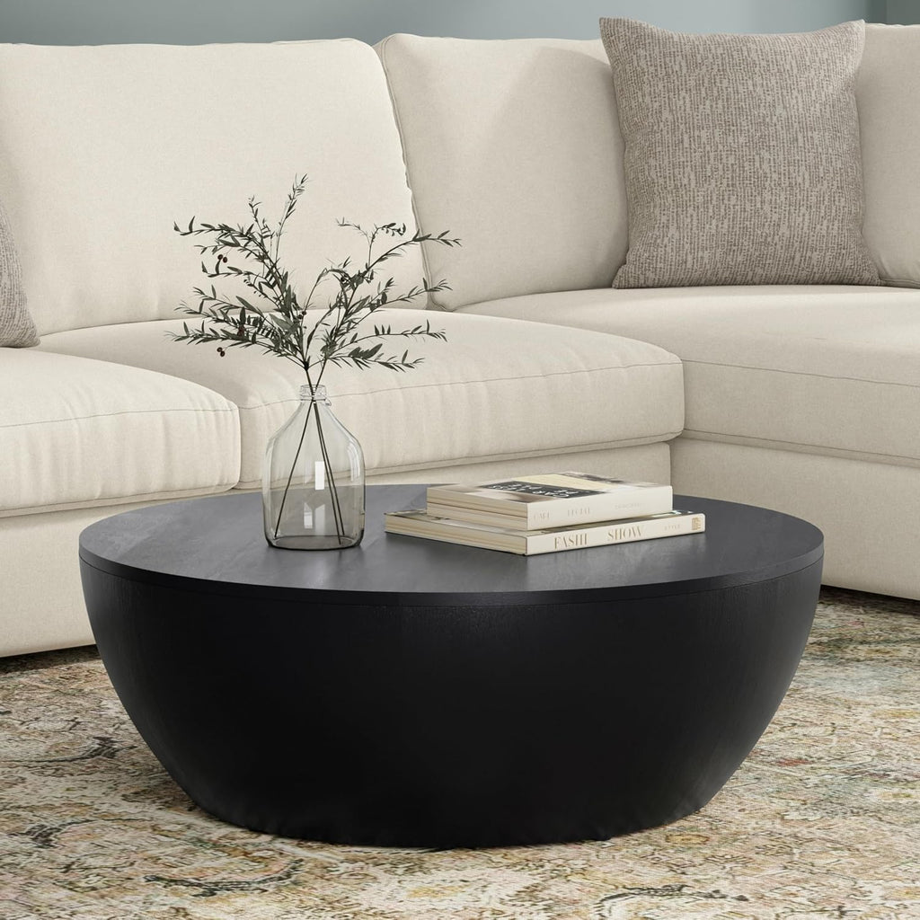 SIMPLIHOME Elmbrook Coffee Table - 34' Wide x 12' High Solid Mango Wood Modern Industrial Round Drum Cocktail Table in Black, Sculptural Living Room Table with Low Profile Design, Assembled