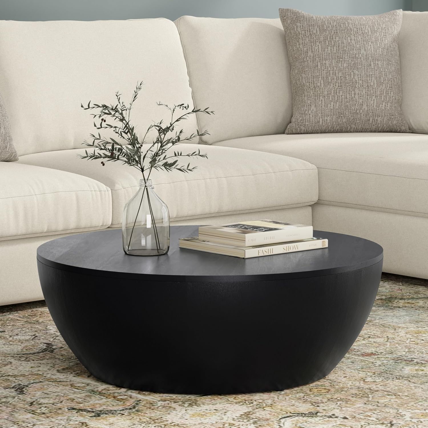 SIMPLIHOME Elmbrook Coffee Table - 34' Wide x 12' High Solid Mango Wood Modern Industrial Round Drum Cocktail Table in Black, Sculptural Living Room Table with Low Profile Design, Assembled