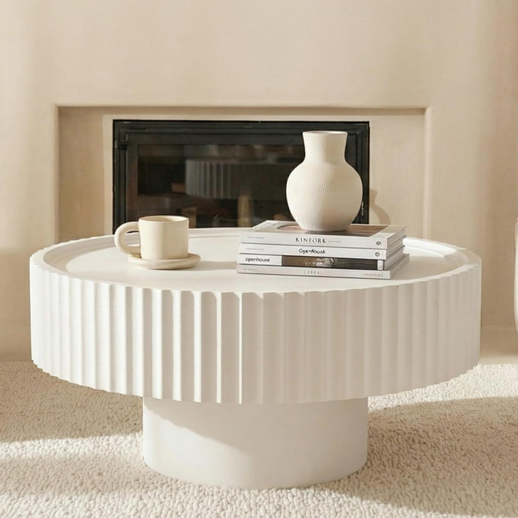 Round Coffee Table, Modern Living Room Table, Wood Center Table with Fluted Drum, Circle Coffee Tables with Fine Grain Textured Tabletop, Farmhouse Tea Tables for Living Room,30.3×13.7in