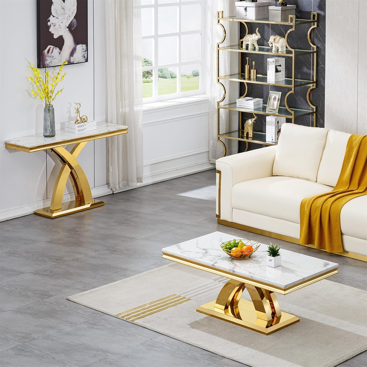 2-Piece Living Room Table Set, Faux Marble Coffee Table Set of 2 with X-Shape Stainless Steel Base, White and Gold Coffee and Console Table Set, Modern Home Living Furniture